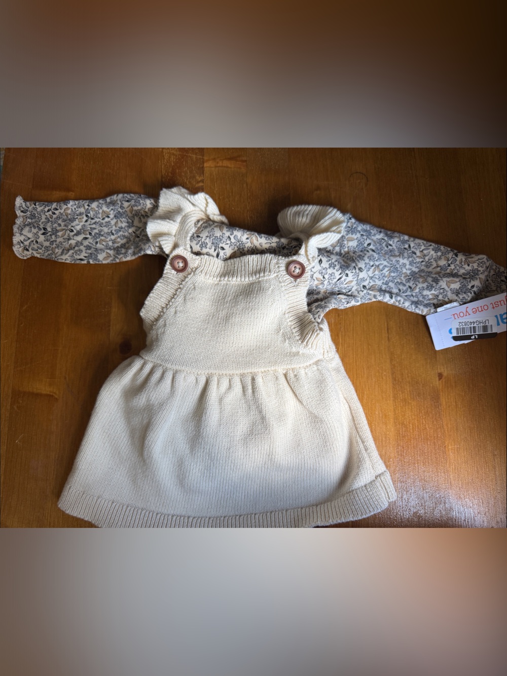 Cream Knit Pinafore Dress with Floral Long-Sleeve Top - Kids